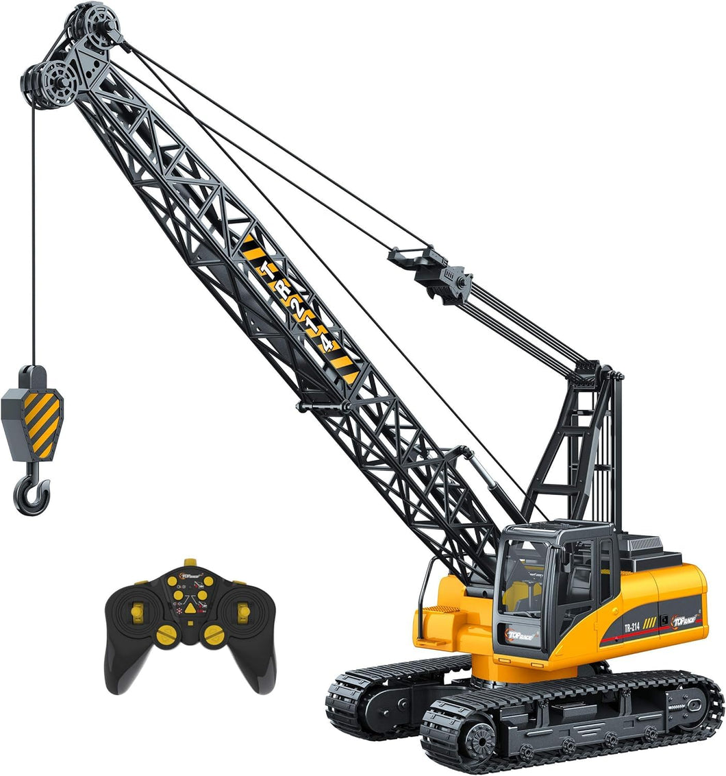 Top Race 15 Channel Remote Control Crane Toy - Battery Powered 1:14 Scale RC Construction Vehicles with Heavy Metal Hook