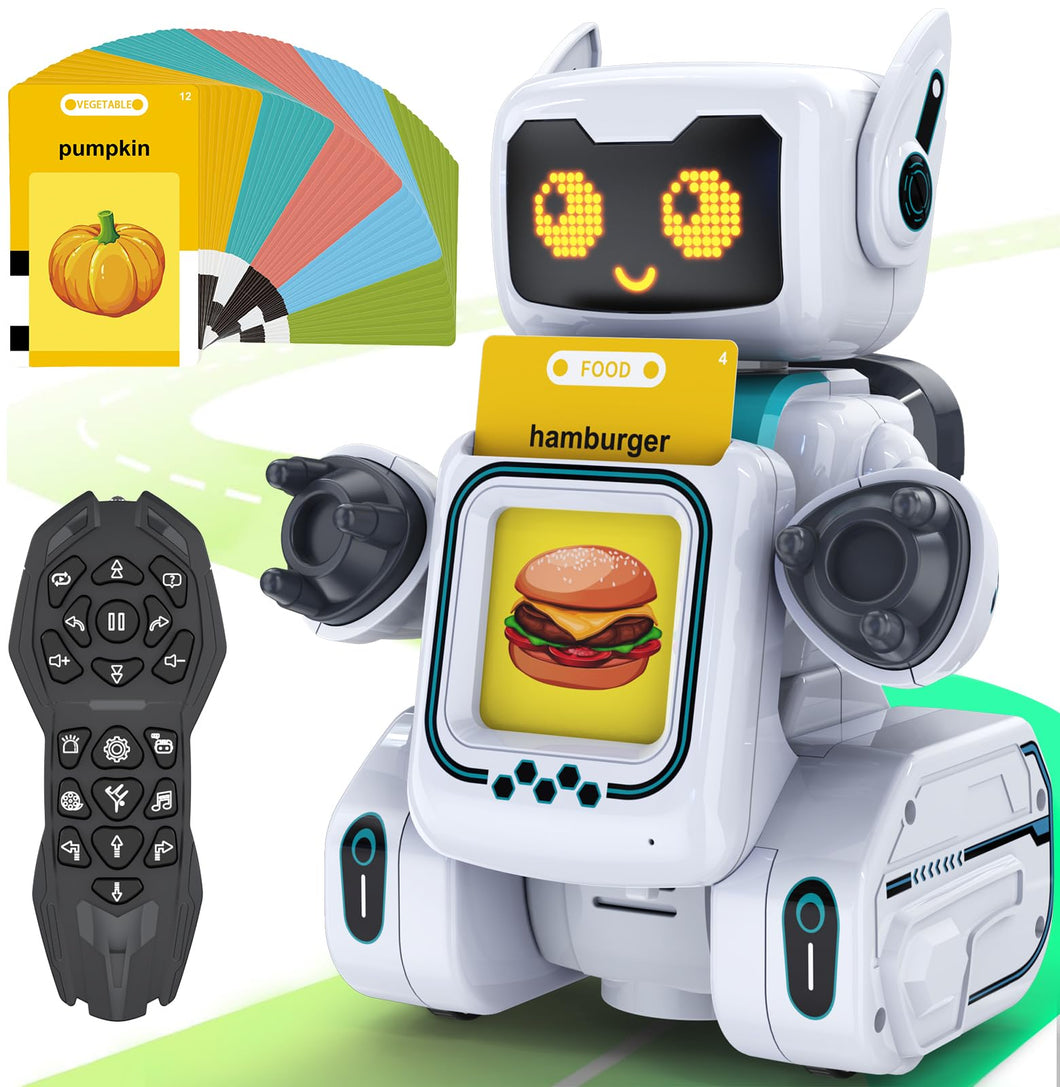 Robot Toys for Kids, Programmable Remote Control Toy, Interactive Toys with Talking Flash Cards, Smart Robot with LED
