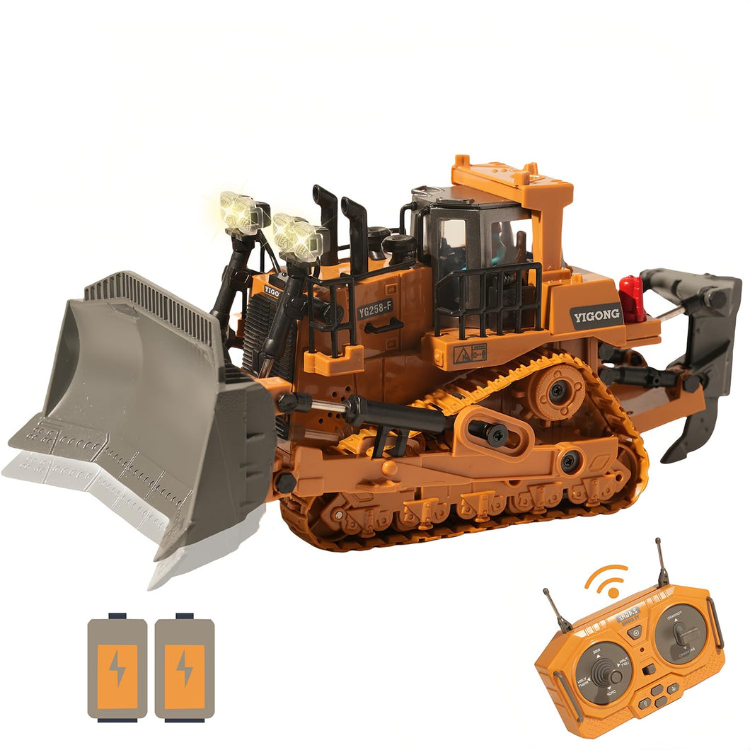 9-Channel Metal RC Bulldozer with Lights and Sound - Remote Control Heavy Equipment Construction Vehicles Dozer Toys