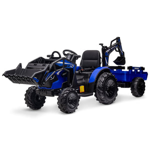 3 in 1 Kids Ride on Tractor, Excavator & Bulldozer, 24V Electric Tractor w/Trailer, Digger, Shovel Bucket, Blue
