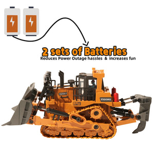 9-Channel Metal RC Bulldozer with Lights and Sound - Remote Control Heavy Equipment Construction Vehicles Dozer Toys
