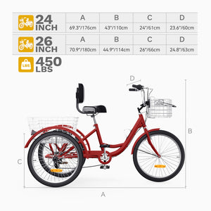 24 26 Inch Adult Tricycle, Single Speed 7-Speed 3-Wheel Bike for Adults, Trike for Women Men with Detachable Front and Rear Baskets