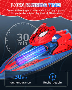 Spider Hero RC Boat, 2.4GHz Remote Control Boat with LED Lights for Kids, Pool Toy with 2 Rechargeable Batteries