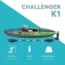 Load image into Gallery viewer, INTEX 68305EP Challenger K1 Inflatable Kayak Set: Includes Deluxe 86in Kayak Paddles and High-Output Pump – Adjustable Seat with Backrest – Removable Skeg – 1-Person – 220lb Weight Capacity
