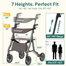 Load image into Gallery viewer, StepPilot Zero Wobble Rollator Walker with Seat for Seniors, 350lb Capacity, 18" Extra Wide Seat, 8" Wheels &amp; Dual Brake, One-Hand Folds to 9.6", 7-Level Handle Adjustable, Cup Holder &amp; Cane Clip
