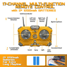 Load image into Gallery viewer, 17CH Remote Control Excavator Construction Toy for Boys - 2400mAh RC Excavator Toy with Metal Shovel/Spray/Lights/Sounds
