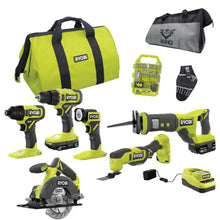 Load image into Gallery viewer, 6 Power Tools Combo Kit Bundle with Buho Tool Bag, and Holster, 6 Ryobi Tools, 2 Batteries, Charger, and 40 Piece Drill Bit Set
