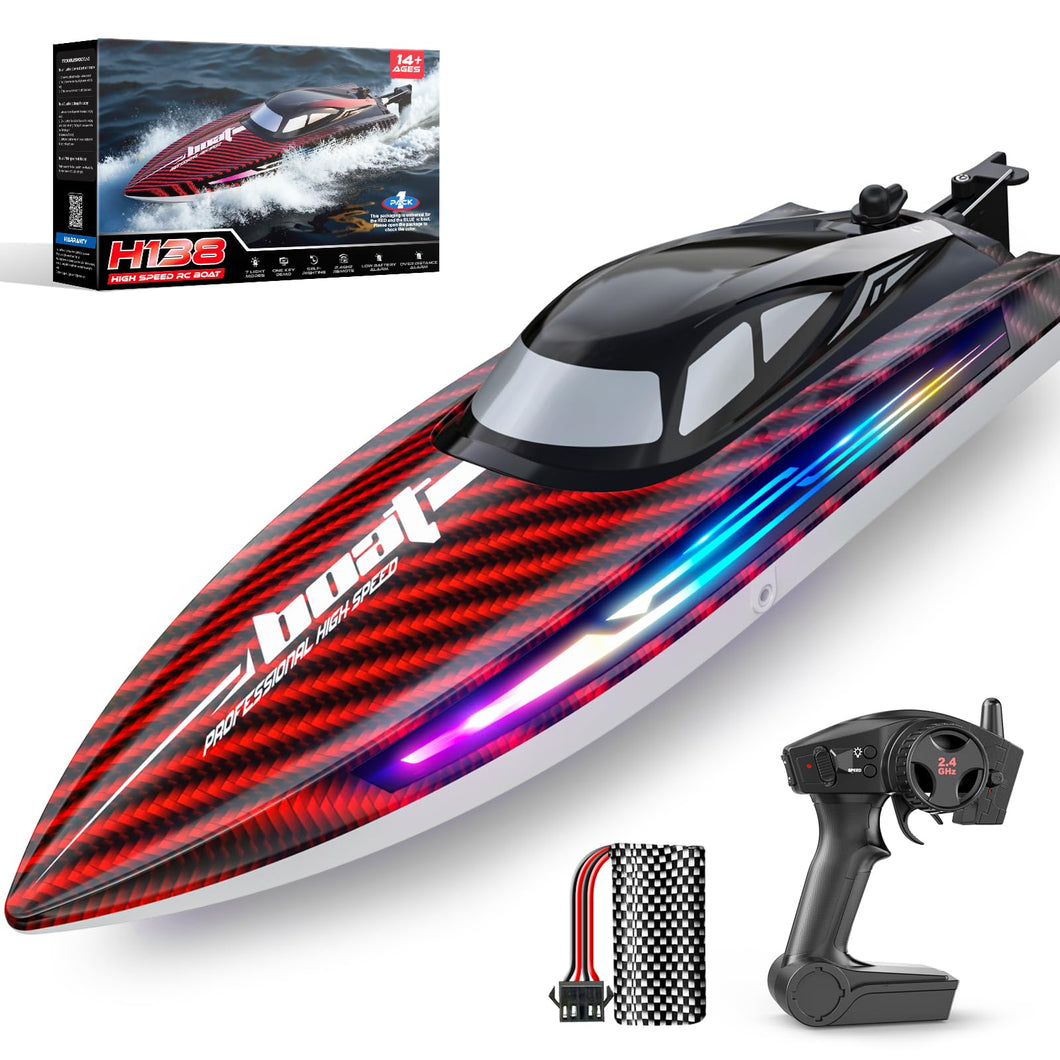 RC Boat 30KMH with 7Light Modes, Remote Control Electric Fast Speed Boat for Adults Kids 8-12 Lake Pool Water Play, Self-righting, Red