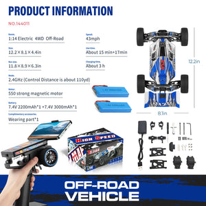 1/14 RC Cars, 4WD High-Speed Remote Control Cars for Adults, Creative Lighting Design, Upgraded Hardware and Battery, Max 43 mph