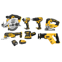Load image into Gallery viewer, DEWALT 20V MAX 7-Tool Combo Kit, Includes Cordless Drill, Impact Driver, Reciprocating Saw, Circular Saw, Oscillating Tool, Random Orbital Sander, Jigsaw, 5Ah Battery and Charger (DCK751P1)
