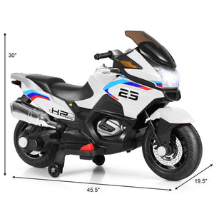 Kids Ride On Motorcycle, 12V Electric Battery Powered Ride On Bike w/Training Wheels, LED Lights (White)
