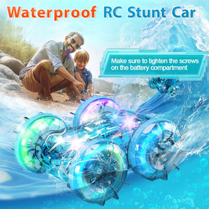Amphibious Remote Control Car for Boys, 2.4GHz RC Boat Monster Truck with LED Lights, 4WD All Terrain Stunt Car