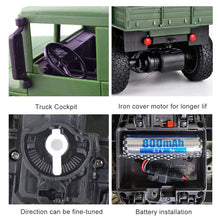 Load image into Gallery viewer, 50 Minutes Playing Time RC Military Truck, JJRC Q69 Off-Road Remote Control Car 2.4Ghz 4WD 1:18 Scale

