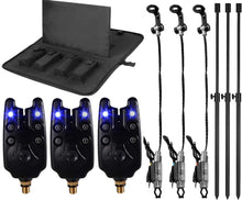 Load image into Gallery viewer, LSOSVSEU Fishing Bite Alarm &amp; Bankstick Set - Includes 3 LED Alarms, 3 Swinger Indicators, 3 Telescopic Rod Holders &amp; Waterproof Carry Bag for Carp Fishing Gear
