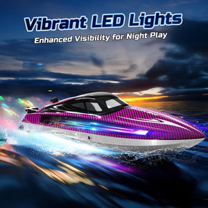 Remote Control Boat for Adults, 25+ KMH Fast RC Speed Boat with LED Light for Kids, Self-righting, Demo, Purple