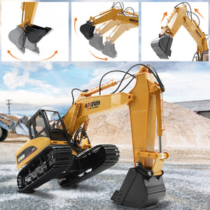 Remote Control Excavator RC Construction Vehicles 15 Channel 2.4G Full Function Digger Toys with Metal Shovel Sound and Lights