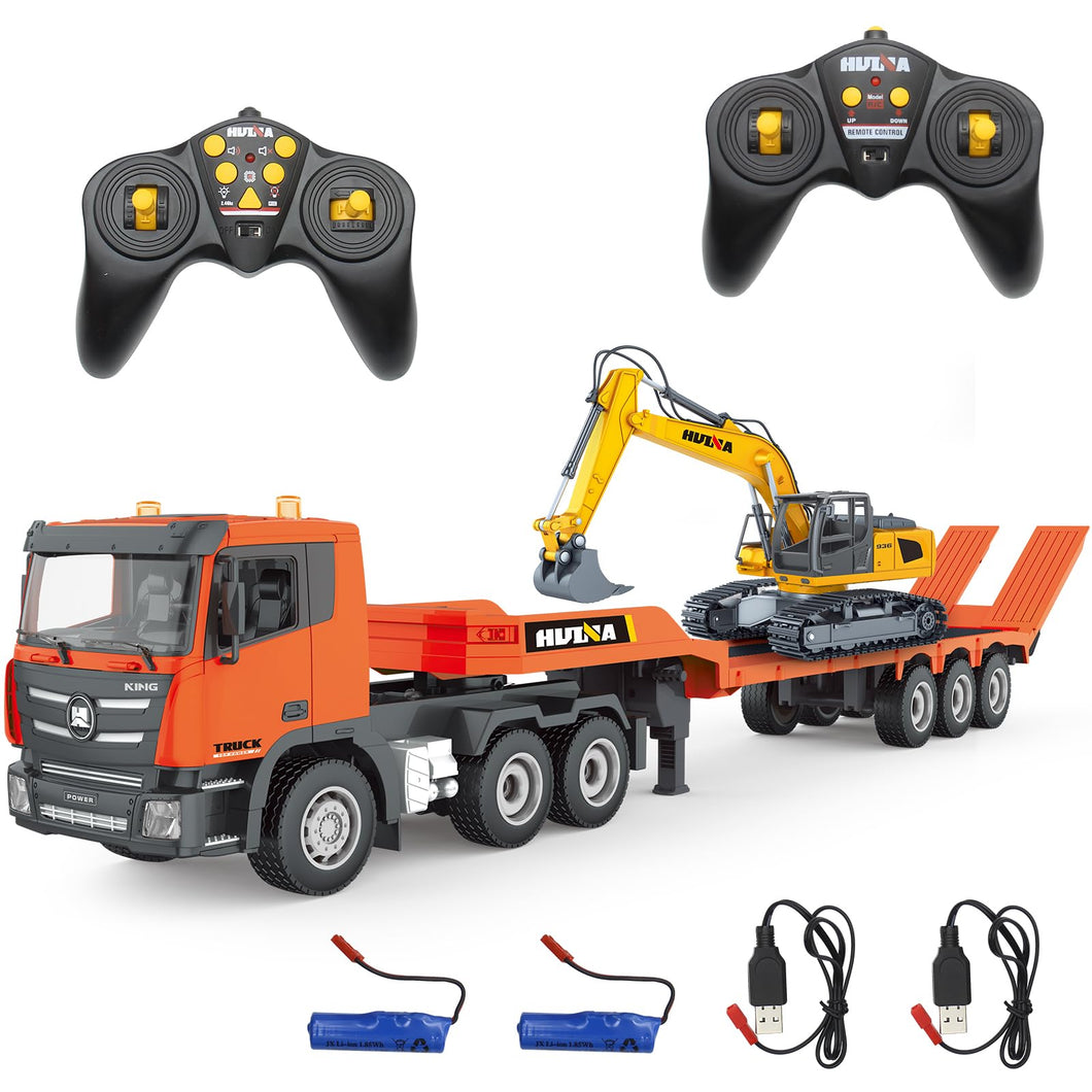 RC Semi Truck & Excavator Toy Set, 2.4Ghz Remote Control Flatbed Truck with Excavator Toys, 1:24 RC Semi-Trailer