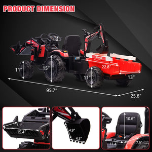 3-in-1 Ride On Tractor, 24V Ride On Car Toy Excavator & Bulldozer - Battery-Powered Electric Vehicle w/Trailer, Digger, Red