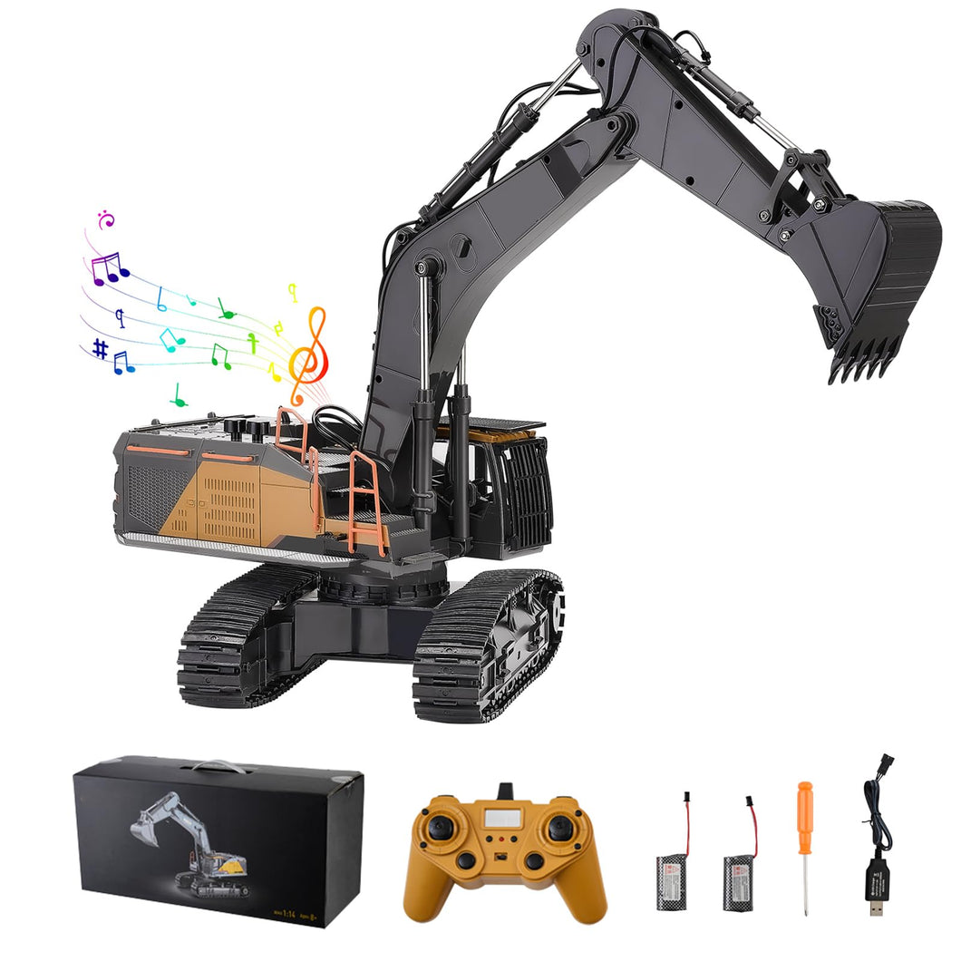 Remote Control Excavator Toy, 1:14 Scale Remote Control Digger with Metal Shovel, 22 Channel RC Excavator with Lights & Sounds