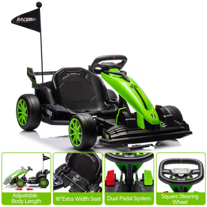 24V Kids Ride on Go Kart, 7.5mph Variable High Speed Drifting Car, 7ah Battery 200W*2 Motors,Length Ajustable Max Load 135lbs, Green