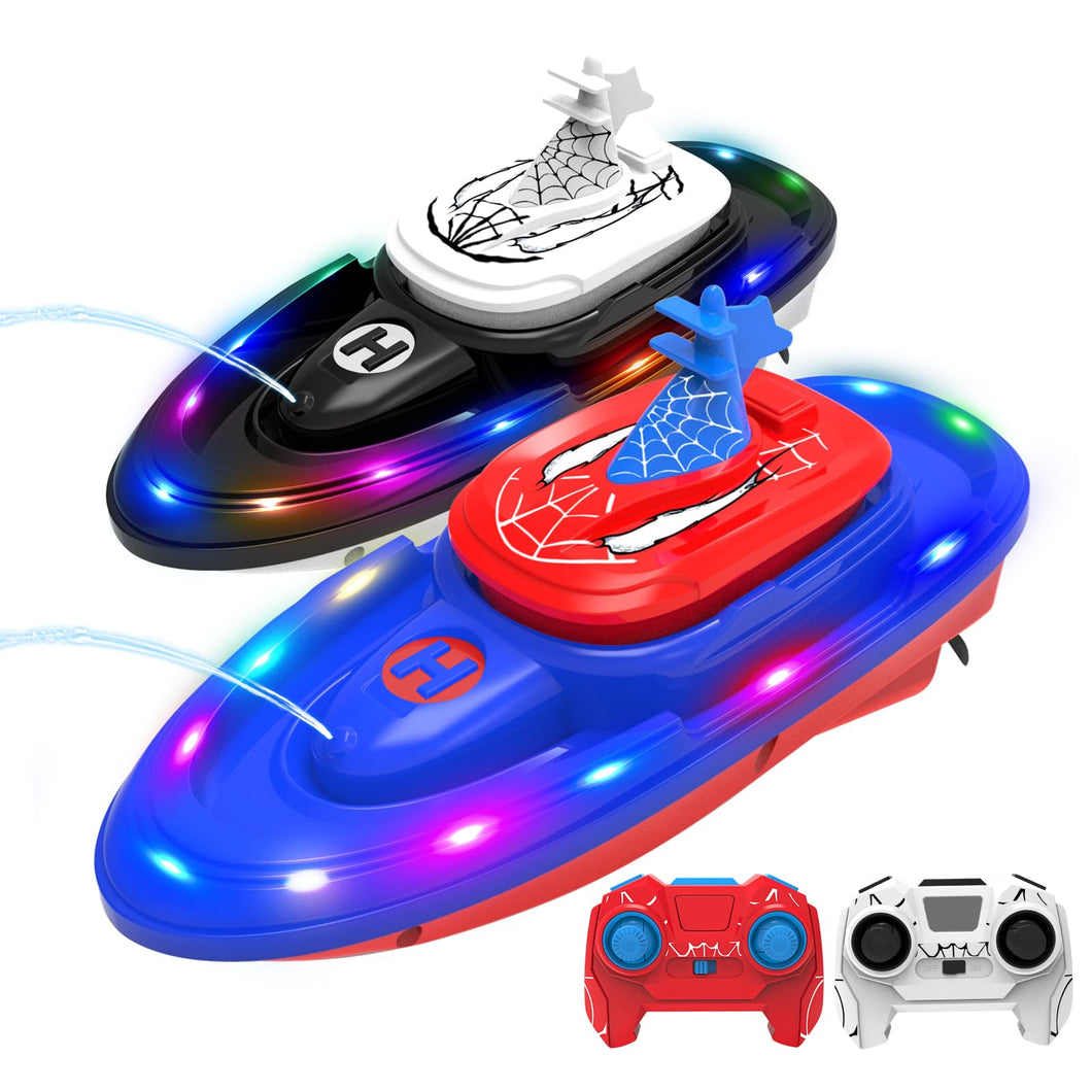 Spider-Shaped Remote Control Boat for Pool, RC Boats 2-Pack Summer Toys with Water Spray for Kids, LED Lights (Blue & Red)