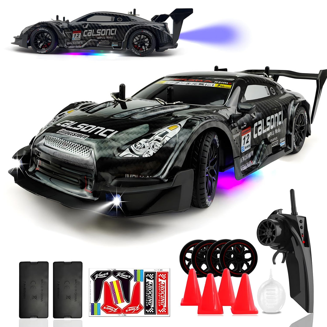 1:16 RC Drift Car 2.4GHz Spray 4WD LED Lights 30+KM/H High Speed Remote Control Car 2 Batteries 60Min Infinitely (Black 1:16)