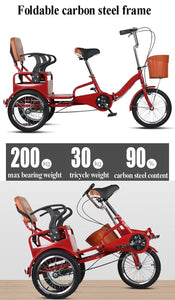 Folding Elderly Tricycle, Adult Rickshaw Pedal Tricycle, Leisure Vehicle,16inch Tandem Trike with Rear Seat (Black 16 in)