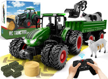 Load image into Gallery viewer, Remote Control Tractor Toy, Kids RC Tractor Set &amp; Truck and Trailer Front Loader - Metal Car Head/8 Wheel/Light, Toddlers Farm Vehicle Toys
