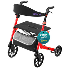 Load image into Gallery viewer, Kekoy Bariatric Rollator Walker for Seniors with Seat, 500 lbs Heavy Duty Walker, 19.5" Extra-Wide Seat, 10" All-Terrain Wheels, Adjustable Height, Foldable Rolling Walker, Hidden Brake Cables, Red
