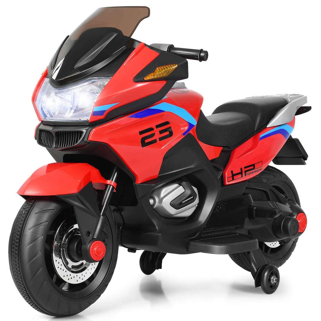 12V Kids Motorcycle, Battery Powered Electric Vehicle for Kids, Training Wheels, LED Lights, Foot Pedal (Red)