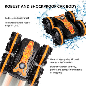 Amphibious RC Car for Kids, 4WD 2.4GHz Stunt Vehicle with Gesture & Remote Dual Control, 360° Spins