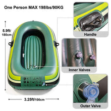Load image into Gallery viewer, Inflatable Boat for One Person Max 198 lbs/90 kg with Carry Bag and Foot Pump, Single-Person raft for Fishing and Water Sports or a Yacht Supplement for Pools, Ponds, and Calm Shallow Water
