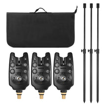 Load image into Gallery viewer, Lixada Fishing Bite Indicators Kit, 3 LED Alarm Alerts, 3 Extending Aluminum Alloy Banksticks, 3 Swingers with Padded Tool Bag
