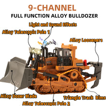 Load image into Gallery viewer, 9-Channel Metal RC Bulldozer with Lights and Sound - Remote Control Heavy Equipment Construction Vehicles Dozer Toys
