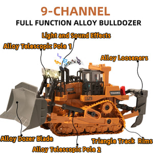 9-Channel Metal RC Bulldozer with Lights and Sound - Remote Control Heavy Equipment Construction Vehicles Dozer Toys
