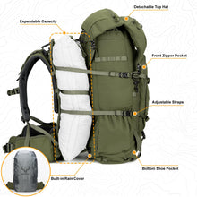 Load image into Gallery viewer, MOXULE Pro 2400 Frame Backpack - Meat Hauler Pack with Rain Cover for Outdoor - Lightweight, Green
