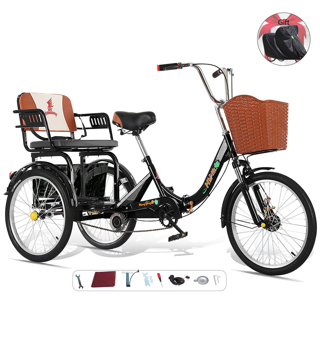 Adult Tricycle Folding Tricycle, Adult Tricycle with seat for Women, Seniors, Men,20 Inch 3-Wheel Bikes (Black)