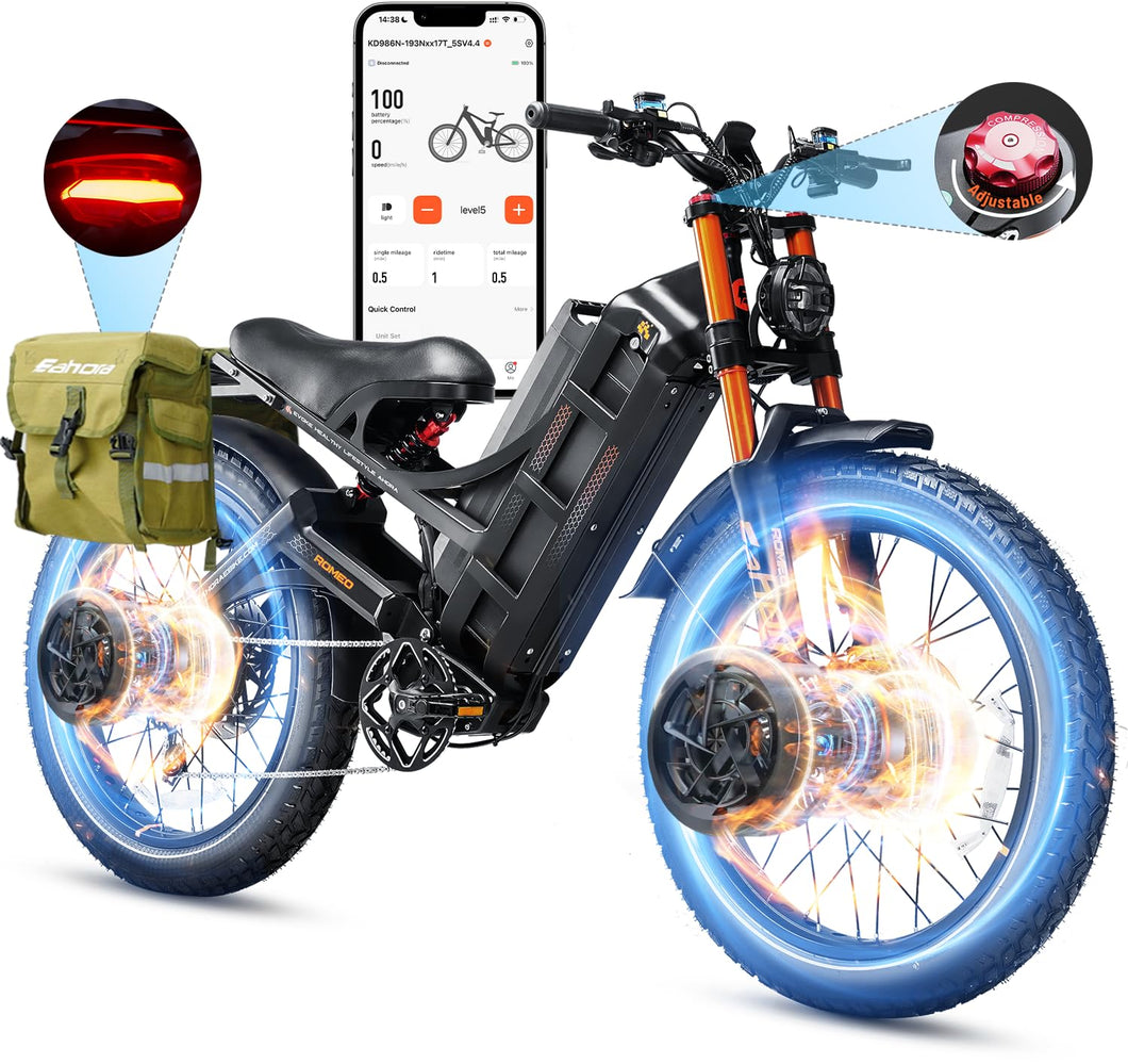 2025 Romeo Pro 3-5000W 50MPH Dual Motor Electric Bike for Adults, 60V 80Ah Battery 200+ Miles Long Range Electric Bike