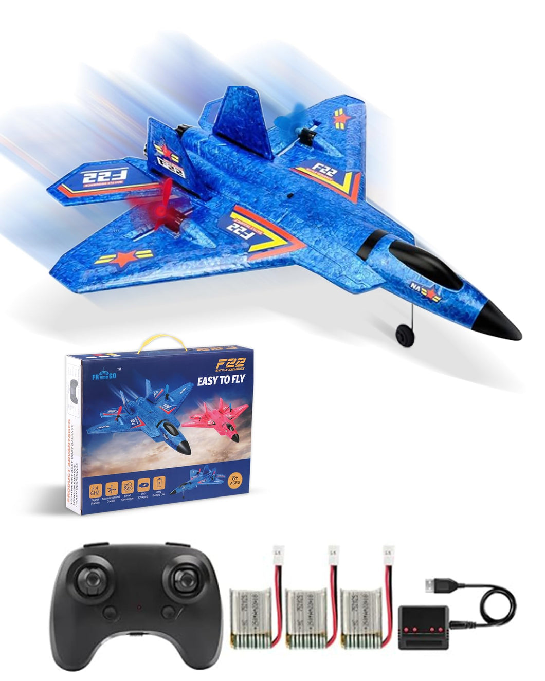 Remote Control Plane F-22 Raptor, 2.4Ghz Rc Airplane with Smart Gyro/LED Lights/3 Rechargeable Batteries (Blue)