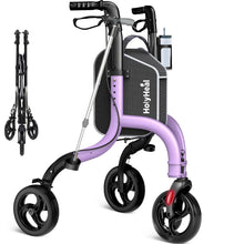 Load image into Gallery viewer, HolyHeal 3 Wheel Walkers for Seniors, Lightweight Rollator Walkers Foldable for Elderly with Cane Hold and Cup Hold, Height Adjustable Aluminum Three Wheel Rolling Walker Mobility Aid, Purple
