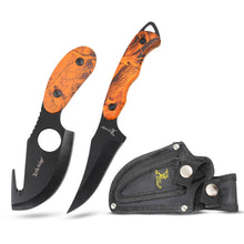 Load image into Gallery viewer, Elk Ridge ER-300OC, 2-Piece Fixed Blade Hunting Knife Set with Gut Hook and Caping Knife, 3Cr13MoV Steel, Wood Handle, Nylon Sheath, 7 Inch and 6.4 Inch, Black Blade
