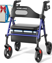Load image into Gallery viewer, HOMLAND Foldable Rollator Walkers with Seat for Seniors, 8'' Big Wheels, 350 lb. Weight Capacity, Adjustable Handles and Seat Height, Lightweight Rolling Walker, Blue
