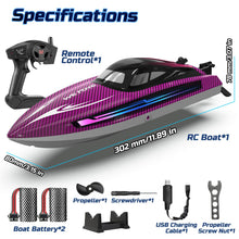 Load image into Gallery viewer, Remote Control Boat for Adults, 25+ KMH Fast RC Speed Boat with LED Light for Kids, Self-righting, Demo, Purple

