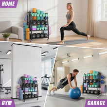 Load image into Gallery viewer, VOPEAK Dumbbell Rack for Home Gym, Adjustable Weight Rack Stand with Wheels, Heavy Duty Steel Storage Organizer for Dumbbells Kettlebells Yoga Mat, with Locking Casters &amp; Side Hooks
