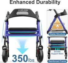 Load image into Gallery viewer, HOMLAND Foldable Rollator Walkers with Seat for Seniors, 8'' Big Wheels, 350 lb. Weight Capacity, Adjustable Handles and Seat Height, Lightweight Rolling Walker, Blue
