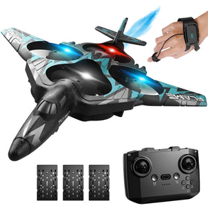 Remote Control Drone for Kids, Gesture RC Stealth Raptor Airplane, Quadcopter Fighter Jet with Light/Spray/360° Flip (3 Batteries/984ft)