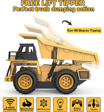 Load image into Gallery viewer, 9 Channel Remote Control Dump Truck Toy with Lights and Sounds Effect, 1:18 RC Construction Vehicles Trucks
