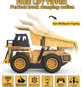 9 Channel Remote Control Dump Truck Toy with Lights and Sounds Effect, 1:18 RC Construction Vehicles Trucks