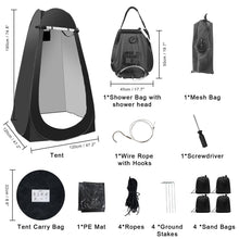 Load image into Gallery viewer, Portable Camping Bathroom Shower Tent Kit, Outdoor Pop Up Privacy Changing Tent with 5 Gallon Shower Bag-(Nozzle Upgraded)(Black)
