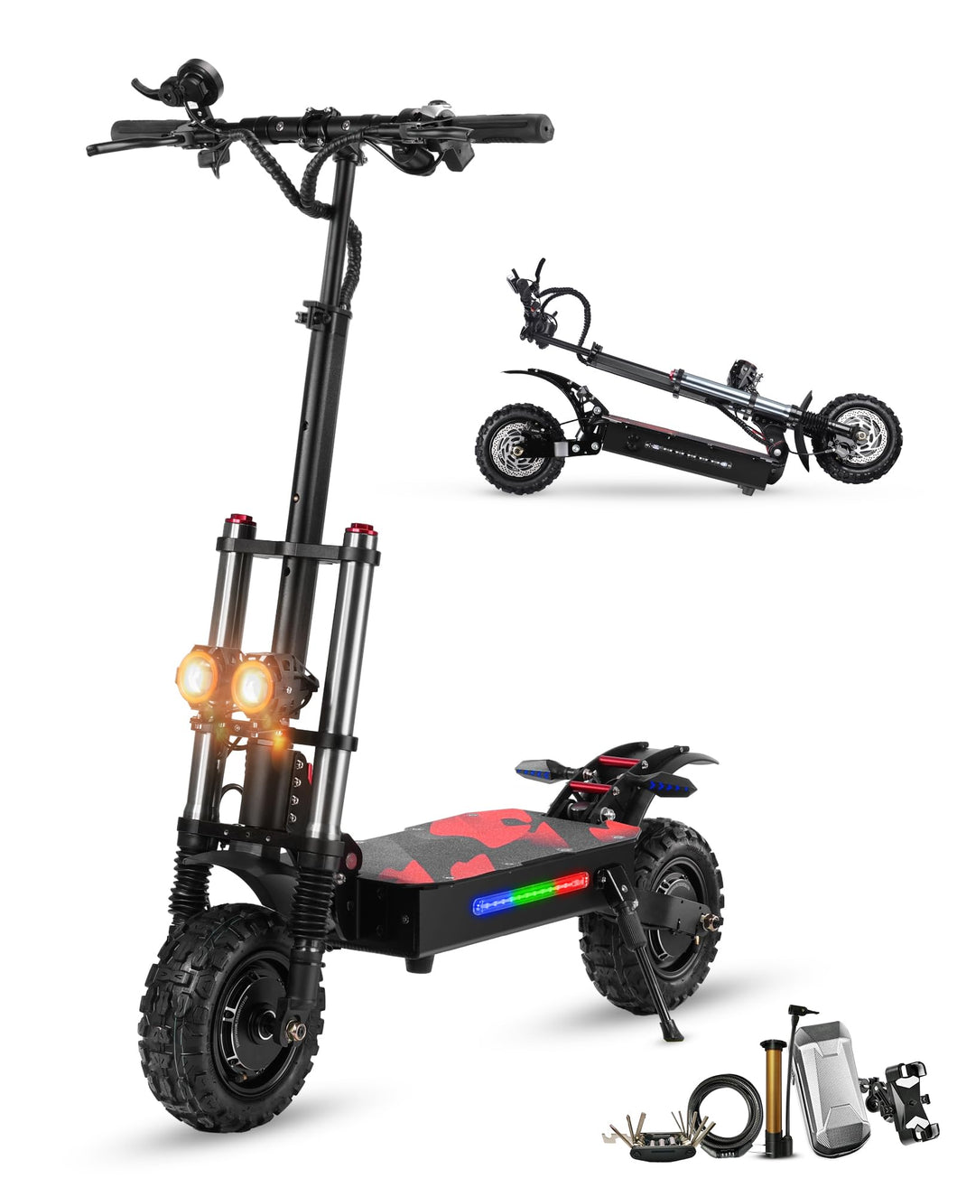 Adult Electric Scooter, 55mph, 6000W Dual Motors, Range Up to 75 Miles, with Dual Hydraulic Brakes, Foldable, 11” Tires